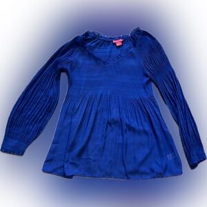 💥Women Sunny Leigh Smocked Pleated Long Sleeve V-Neck Blouse Blue Shirt Top Med